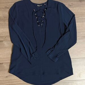 New York & Company Navy Lace-Up Blouse